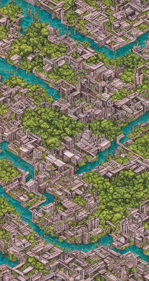 Prompt: an aerial view of a postapocalyptic world that nature has reclaimed, in the style of MC Escher