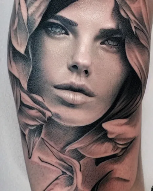 Image similar to tattoo design sketch of a beautiful woman face blended with a faded background of beautiful mountains and nature on her side, hyper - realistic, in the style of den yakovlev, amazing detail, black and white