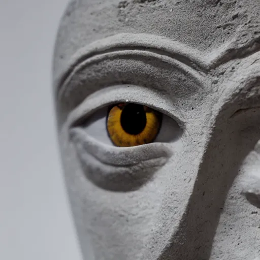 Prompt: close - up museum photo of sculpture of an ancient stone eye, almond shape, the white limestone sclera, the black stone pupil, greece, rome, studio lighting, professional, promo,