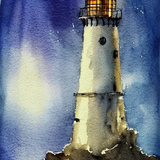 Prompt: beautiful watercolor and ink lighthouse on cloudy winter storm night, artstation, mystical