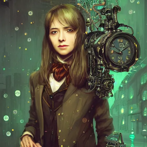 Image similar to portrait of a young female as sherlock Holmes with straight hair has an epic idea, intricate detail, digital painting, gears, watches, steampunk, glowing eye, biomechanical, trash polka, raining, faded green, particles floating, industrial background by marc simonetti + wlop, artwork by ross tran + ramond swanland + liam wong +mike winklemann + wlop