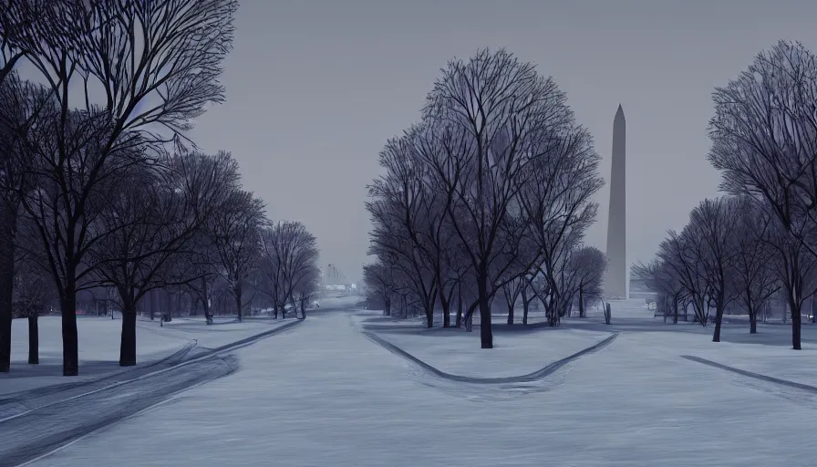 Image similar to empty snowy streets of washington dc, white house, snow dunes, hyperdetailed, artstation, cgsociety, 8 k