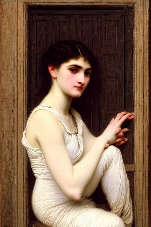 Prompt: lady in thought by auguste toulmouche and bouguereau, perfect detailed eyes, beautiful hands, pale skin, blonde hair, leaning on door