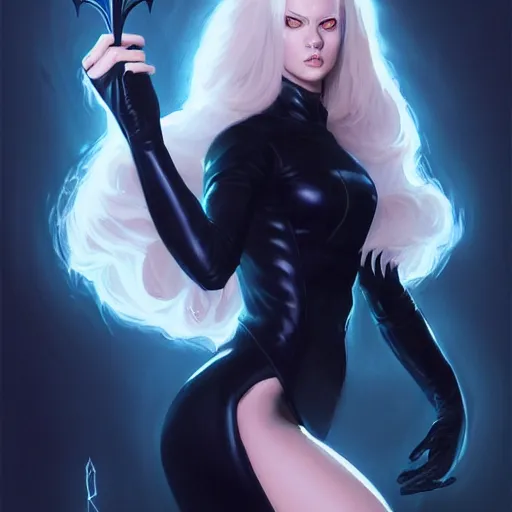 Image similar to girl in large black suit, long blonde hair, trident metal crown, dark grin, blue glowing eyes, dark scene, underlit, highly detailed, smooth concept art, airbrush, by artgerm greg rutkowski artstation