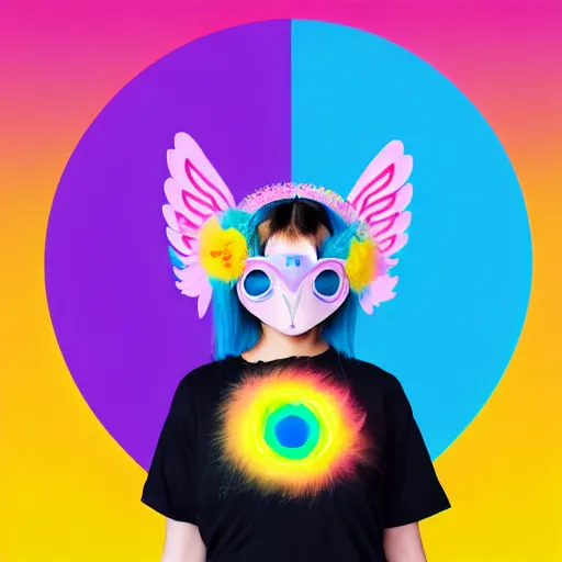 Image similar to A girl wearing an owl mask and blue hair with glowing halo and wings and a cat tail with a rainbow halo behind her. She has pink and yellow flowers around her head. Smooth lines and details and soft color palette. 4k render. Trending on Art Station!