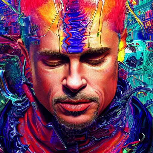 Prompt: hyper detailed ultra sharp, trending on artstation, vibrant aesthetic, bloodwave, colorful, psychedelic, ornate, intricate, digital painting, concept art, smooth, sharp focus, illustration, brad pitt, art by artgerm and greg rutkowski and h. r. giger, 8 k