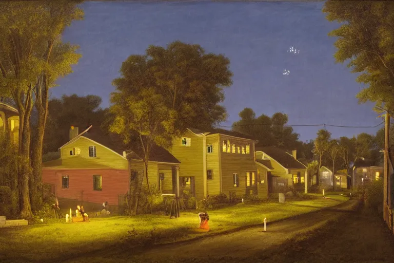 Image similar to Suburban neighborhood with pastel-colored colonial houses and hidden shadowy creatures with bright eyes by crewdson gregory, trees, wooden fences, candles, yellow fireflies, balcony