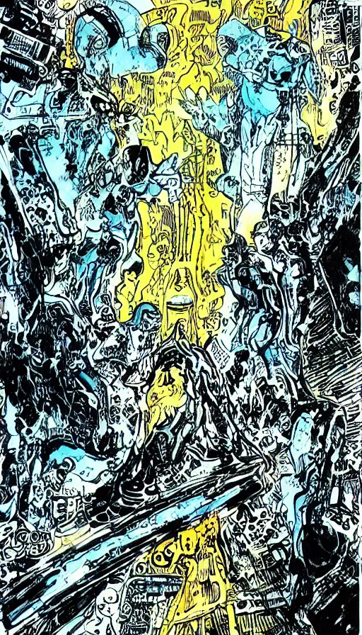 Prompt: religious hard science fiction comic by, bill sienkiewicz, teal and gold colour palette, line drawing, ink pour