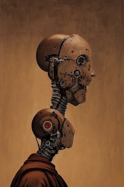 Image similar to robot monk painting a self - portrait on a canvas. intricate, highly detailed, photorealistic, film still, by vdragan bibin.