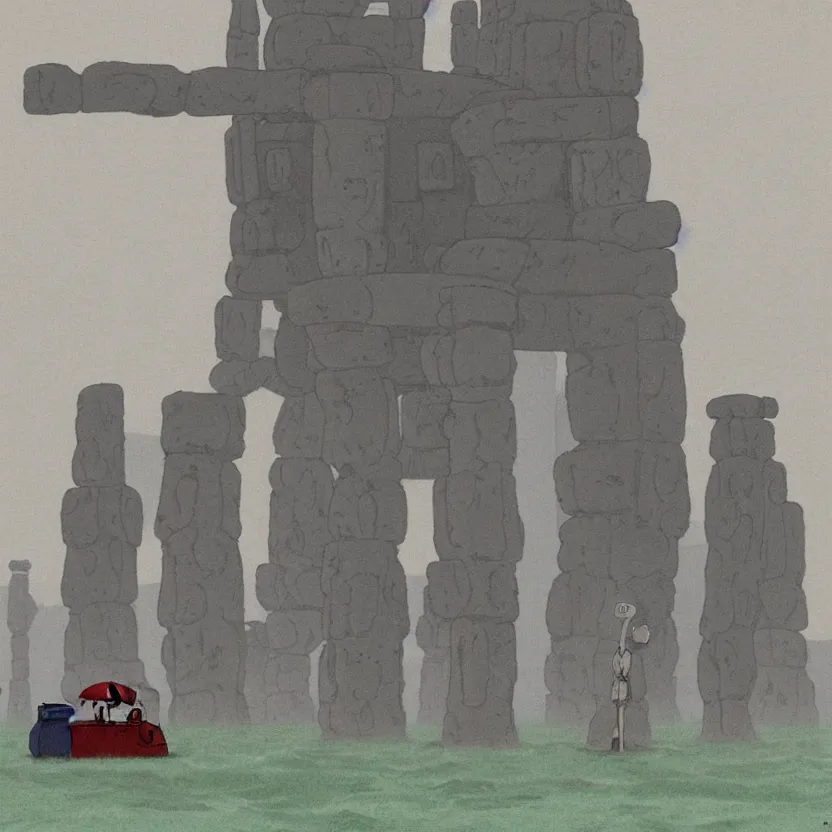 Image similar to a realistic cell - shaded studio ghibli concept art from paprika ( 2 0 0 6 ) of a flying intelligent dull grey mechanical octopus from close encounters of the third kind ( 1 9 7 7 ) in a flooded monument valley stonehenge. very dull colors, wide shot, hd, 4 k, hq