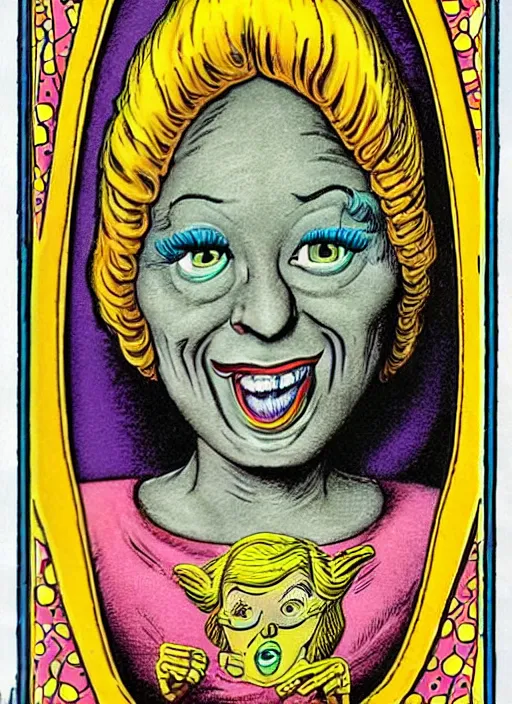 Image similar to portrait of a beautiful woman by basil wolverton and robert crumb in the style of a garbage pail kids card, tarot card, play - doh