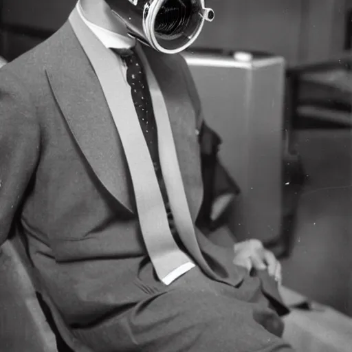 Image similar to man wearing a reel projector mask, in a suit, 1960 photograph