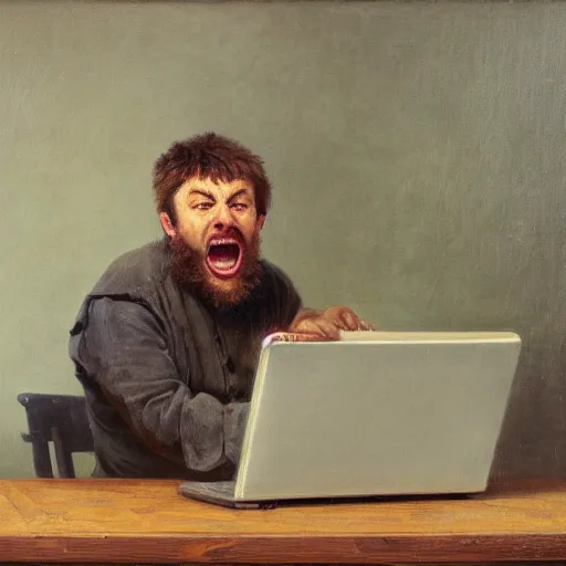 Image similar to an angry man yells at his computer monitor, oil on canvas, 1 8 8 3, highly detailed