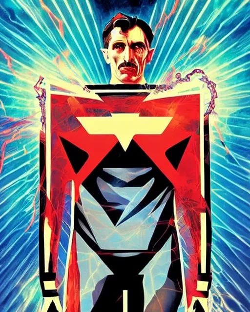 Prompt: Nikola Tesla as a superhero with electric superpowers, Tesla logo on chest, epic and stunning character design, dramatic pose, deep in thought, retro comic book cover art, by Sandra Chevrier, masterpiece
