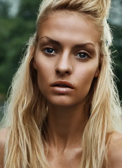 Image similar to photograph of an olive skinned blonde female model in her late twenties, her hair pinned up, wearing a designer top, looking content, focused on her neck, facing the camera, photo realistic, extreme detail skin, natural beauty, no filter, slr, golden hour, 4 k, high definition, selfie, by steve mccurry