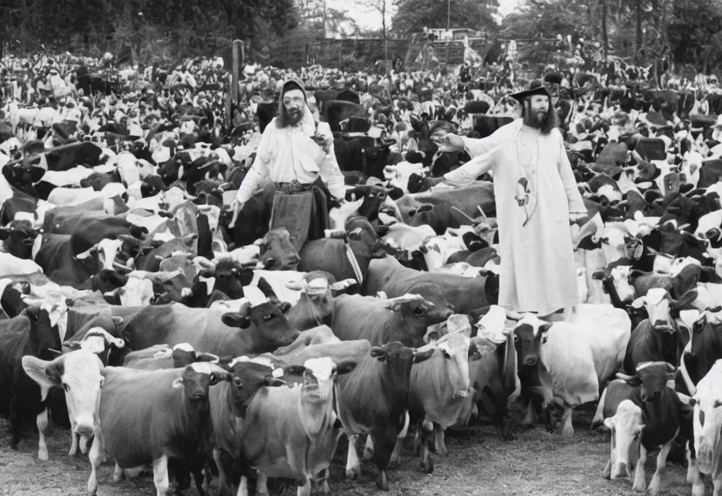 Image similar to jesus preaching to cows in nazi germany, dressed as a milkman