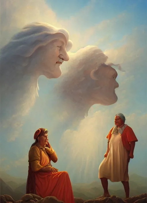 Prompt: portrait of indigenous grandfather and grandmother in the clouds, smiling, protection, benevolence, ancestors, art by christophe vacher