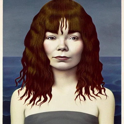 Prompt: very detailed portrait of bjork's face and long hair floating above the dark icelandic ocean into a gray sky. painted by rene magritte, 1 9 2 7. oil on canvas.