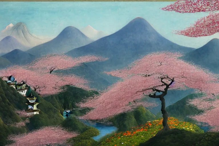 Prompt: an ultradetailed landscape painting of a panorama view of westlake in china, pagodas on hills, osmanthus blossoms nearby, fine wind, highly detailed, artstation, concept art, smooth, sharp focus, illustration, by hilma af klint, 8 k
