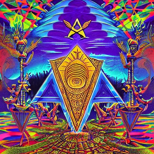 Image similar to Psychedelic Inter-dimensional freemasonic occultic chequered trippy dreamscape in the style of a photo-realistic album cover by Howard Finster, Michael Cheval (unreal engine, 3d highly detailed, 8k, UHD, fantasy, dream, otherworldly, bizzare, spirals, colourful, vivid)