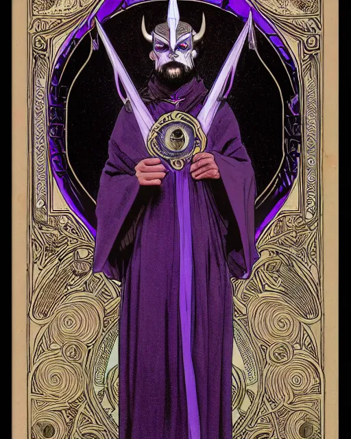 Image similar to tarot card, head and chest only, the devil, demon male, black and purple robes, beautiful, medieval, super detailed, ornate, by alphonse mucha, stjepan sejic, greg rutkowski, symmetry, 8 k, sharp focus