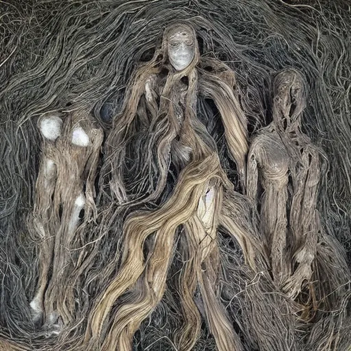 Image similar to dmt bodies. hundreds of humans; a full crowd. Mesh of many human figures intertwined. earthen colors. The medium of this sculpture is human hair. A mess of human hair. Matted hair woven dreadlock sculpture. Tangled splitend hair. barbershop floor. Sculpted of coconut fibers. Surreal fibrous art. Extremely realistic. HD Quality. Lifelike figures. Designed by August Rodine.