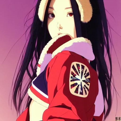 Image similar to a beautiful japanese natalie portman gravure model, wearing oversized native designer bomber jacket and leotard, bulky poofy bomber jacket with mesoamerican patterns, mesoamerican native street fashion, gapmoe yandere grimdark, trending on pixiv fanbox, painted by greg rutkowski makoto shinkai takashi takeuchi studio ghibli, akihiko yoshida