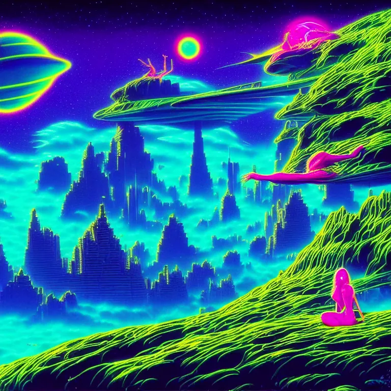 Image similar to cosmic girl and fish float over infinite crystal city, ( ( ( synthwave ) ) ), ( ( fractal waves ) ), bright neon colors, highly detailed, cinematic, tim white, roger dean, michael whelan, caza, bob eggleton, philippe druillet, vladimir kush, kubrick, alfred kelsner, isono, kimura, vallejo