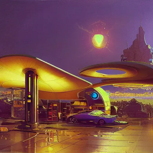 Prompt: painting of syd mead artlilery scifi organic shaped gas station with ornate metal work lands on a farm, filigree ornaments, volumetric lights, purple sun, andreas achenbach