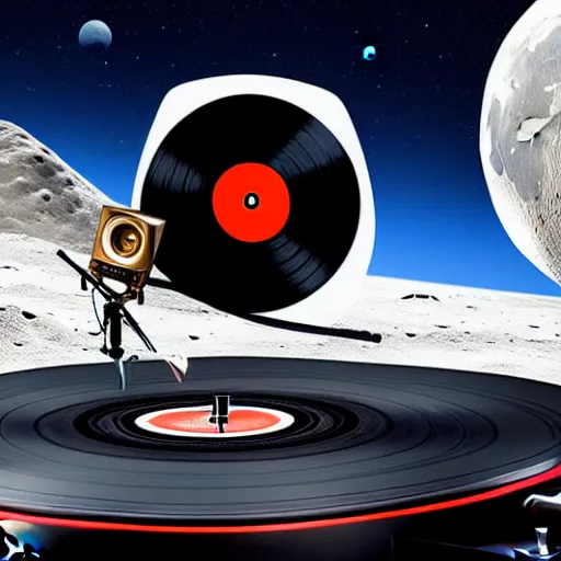 Prompt: a realistic matte painting of a dj with turntable play music on the moon, detailed, 8 k,