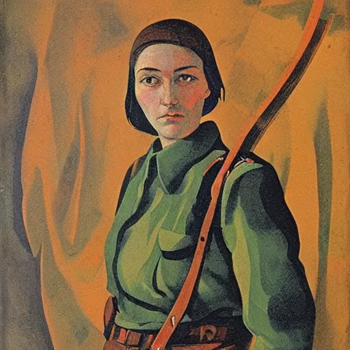 Image similar to soviet painting of female soviet partisan by isaak brodsky, walter womacka, czeslaw znamierowski, vladimir pchelin, kuzma petrov - vodkin, igor berezovsky