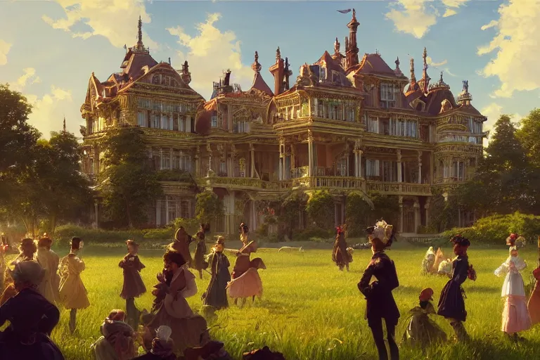 Image similar to an ornate victorian palace, party in front, scene in an open field. 1 8 9 0, key visual, conceptart, ambient lighting, highly detailed, digital painting, artstation, concept art, sharp focus, by makoto shinkai and akihiko yoshida and greg manchess