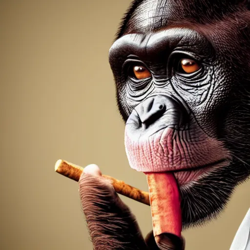 Image similar to a high detail shot of a chimp wearing a suit, smoking a cigar, render, cgsociety, photorealism