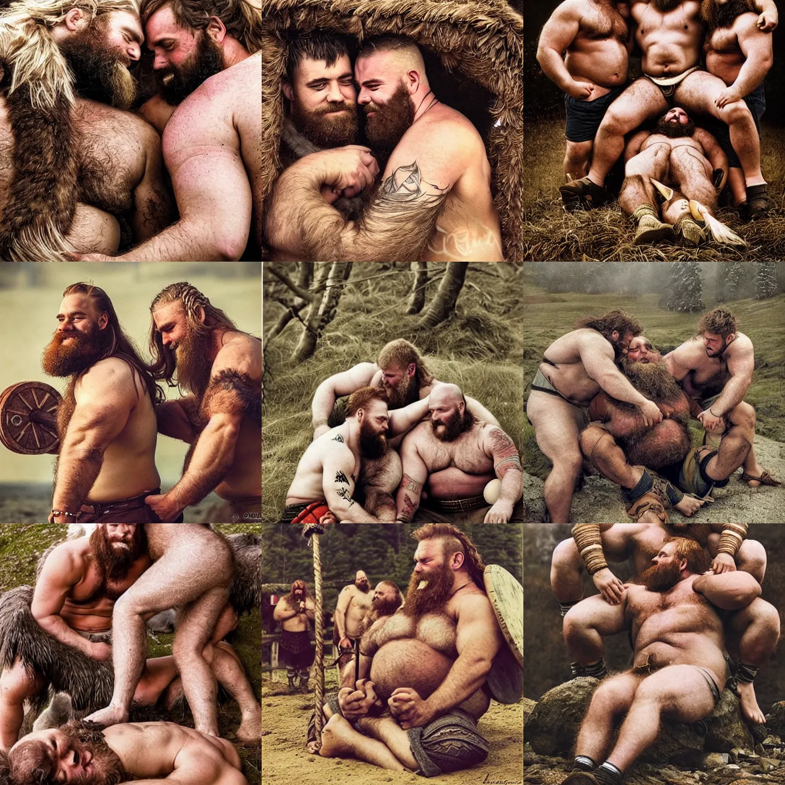 Prompt: hairy burly young adult viking strongmen giving each other affection surrounded by their equally burly and hairy fathers resting on each other nearby. warmth, cozy, wholesome, comforting, love, epic, manliness, rustic, epic, soothing. highly detailed coloured photography.