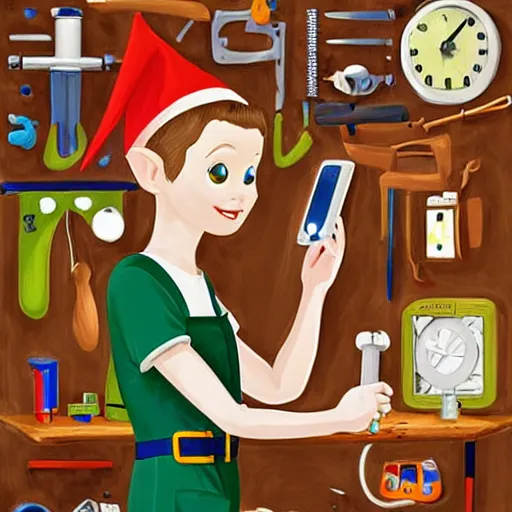 Image similar to An elf wearing overalls tinkering with a gadget in her workshop, digital art