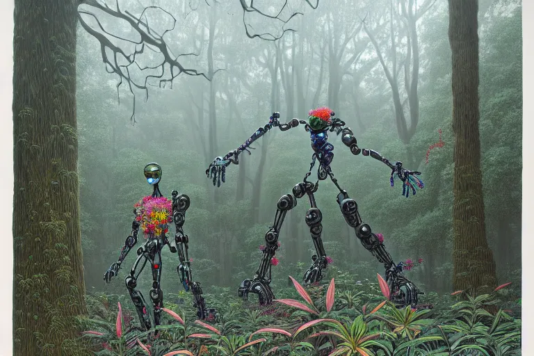 Prompt: lots of glass details, a lot of exotic vegetation, trees, flowers, dull colors, gigantic 6 - hand robot staying in the foggy huge forest covered with web and cotton, long shot by moebius, hyperrealism, intricate detailed, risograph