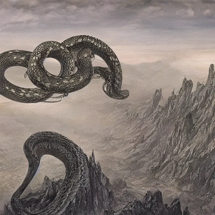 Prompt: A giant snake flying through the mountains, with a city in the background, inspired by the artwork of H. R. Giger and Zdzislaw Beksinski