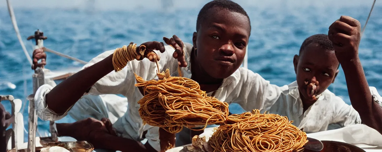 Image similar to vasco da gama sailing around africa, eating spaghetti, small details, intricate, canon 8 0 mm, cinematic lighting, wes anderson film, kodachrome