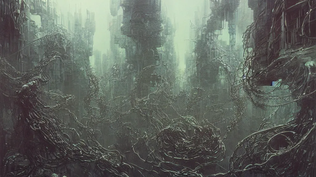 Image similar to snakes bursting out of a dark futuristic city, digital art by Zdzisław Beksiński , Ruan Jia, Rudolf Béres, Tsutomu Nihei