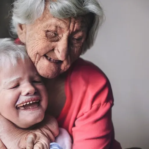 Image similar to An elderly lady has her little 3-year-old baby girl sitting on her lap. They are both happy.