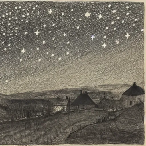 Image similar to by gerhard munthe tired, ghastly. a beautiful drawing featuring a night sky filled with stars, & a small town in the distance. the drawing is very peaceful & calming