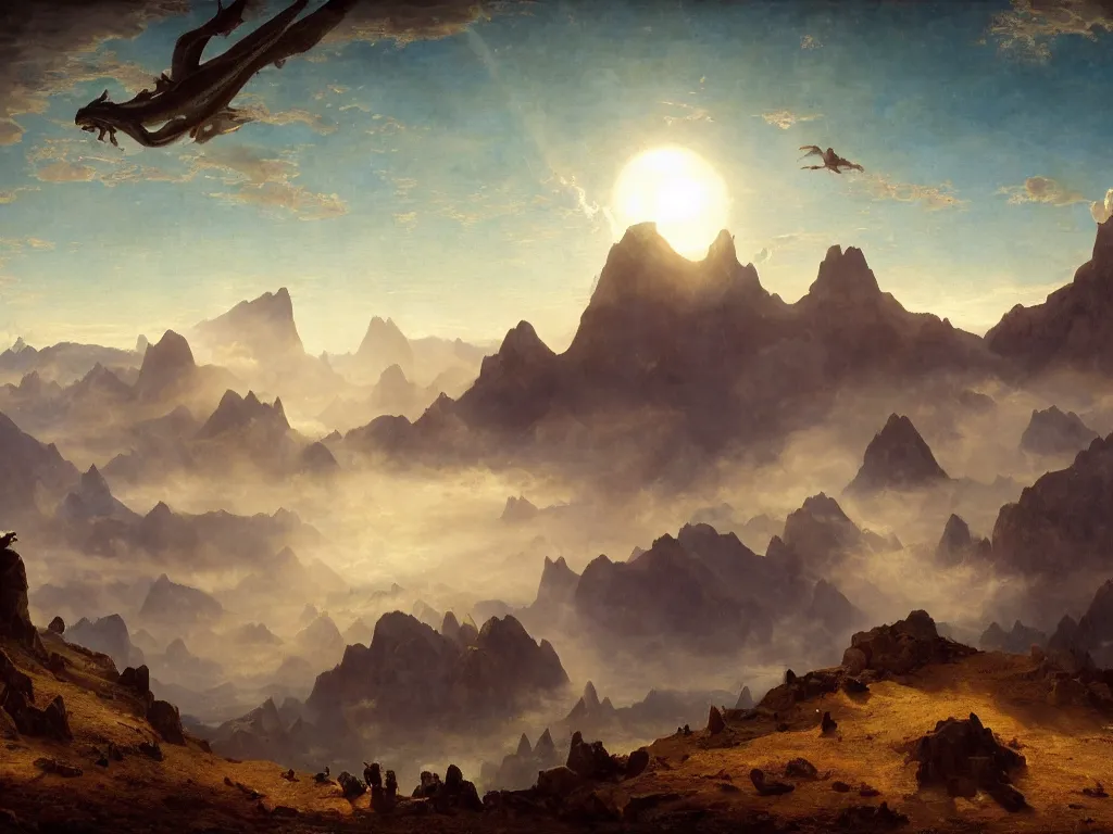 Prompt: an alien planet, high mountains and cloud filled skies, a beautiful dragon in the sky., by albert bierstadt, artstation, in the style of assassin's creed, by pieter bruegel the elder, cinematic, golden hour, wide angle, technicolor, divine, perfectionism