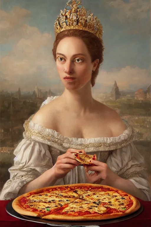 Image similar to a highly detailed queen margherita ( savoy ) eating a pizza! margherita, full body, detailed painting by arturo faldi, trending on deviantart, octane, masterpiece