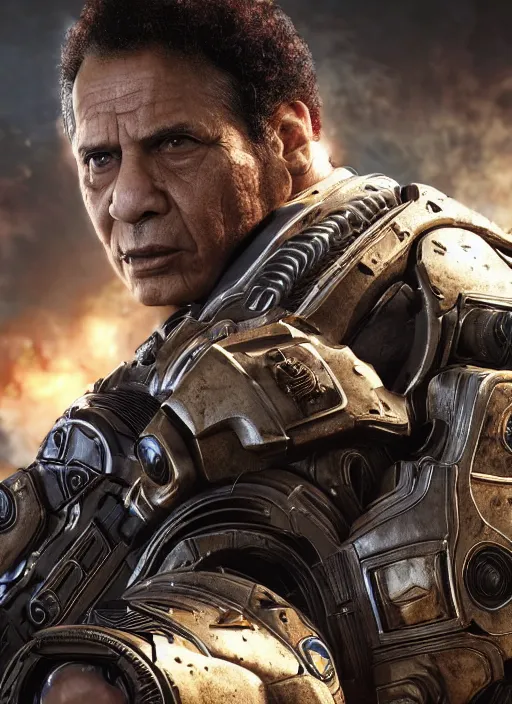 Image similar to muammar kadhafi in gears of war, splash art, movie still, detailed face, cinematic lighting, dramatic, octane render, long lens, shallow depth of field, bokeh, anamorphic lens flare, 8 k, hyper detailed, 3 5 mm film grain