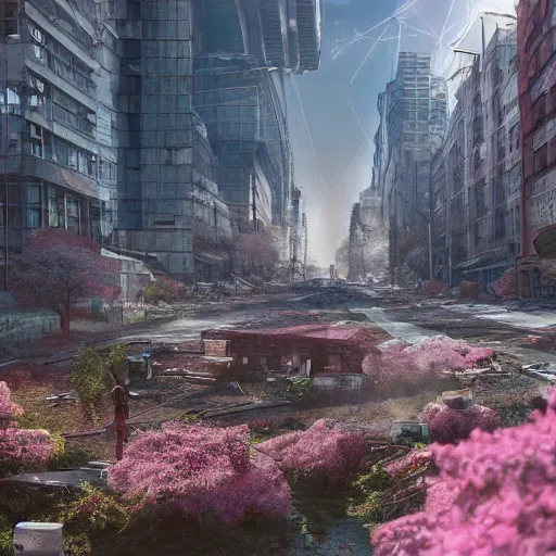 Image similar to A post-apocalyptic city swept by disaster, tall destroyed buildings with plants, an enormous cherry tree blossoming in the middle, biopunk, realistic, digital art, lens flare,