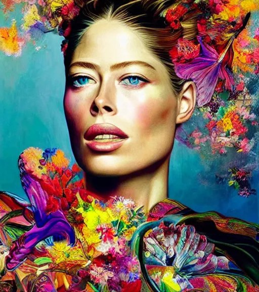 Image similar to beautiful painting of doutzen kroes, contemporary, colorful acrylic, airbrush painting, realistic portrait by kehinde wiley and archan nair