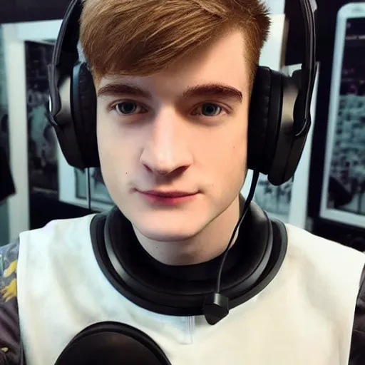 Image similar to “a realistic detailed photo of a guy who is an attractive humanoid who is half robot and half humanoid, who is a male android, twitch streamer Ninja Tyler Blevins, shiny skin, posing like a statue, blank stare, with gaming headphones on”