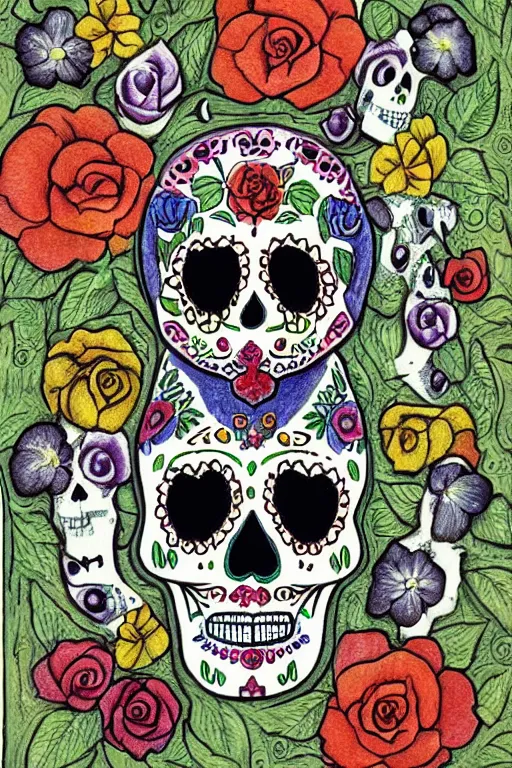 Prompt: Illustration of a sugar skull day of the dead girl, art by Elsa Beskow