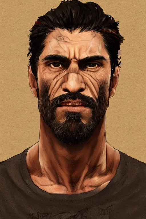 Image similar to very detailed portrait of a rugged man in his early thirties, strong jaw, ( ( deep black eyes ) ), ( ( ( latino features ) ) ), wearing a black!! t - shirt, earthy color scheme, by wlop and krenz cushart and artgerm, detailed eyes, starry background, trending, on artstation.