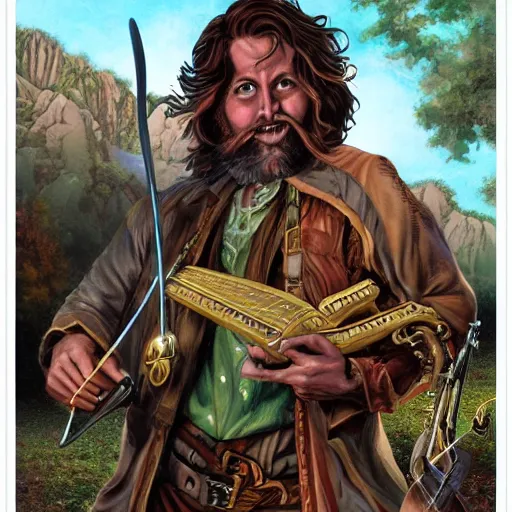 Prompt: Travelling bard wandering the town, by Joe Jusko